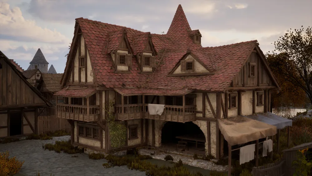 Изображение старинного дома в деревенском стиле с крышей, покрытой черепицей, окруженного природой.