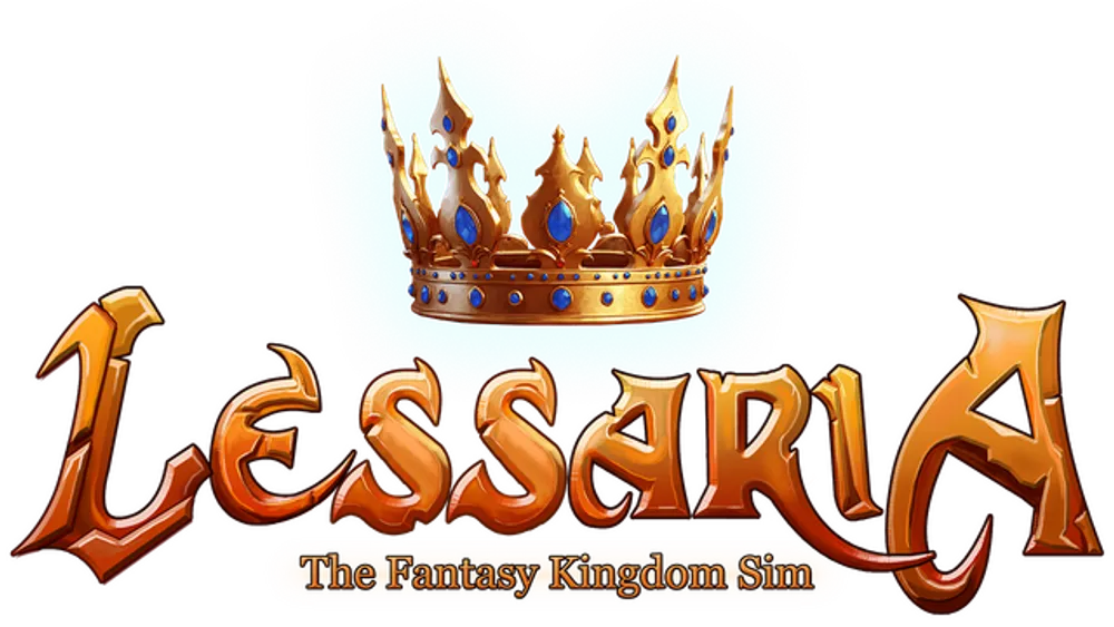 Логотип игры Lessaria с короной и названием. Тематика фэнтези.