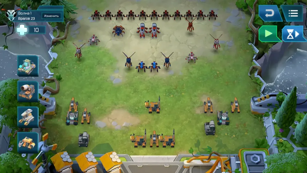 Изображение игрового интерфейса с военной стратегией, на котором расположены разные юниты и техника.