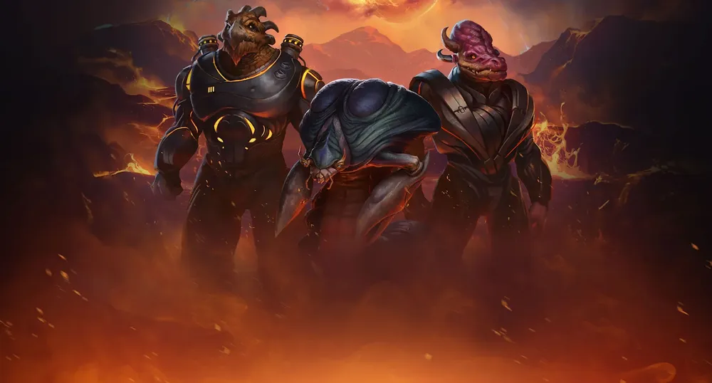 Изображение персонажей в футуристических костюмах на фоне вулканического пейзажа. Персонажи выглядят как humanoid creatures.