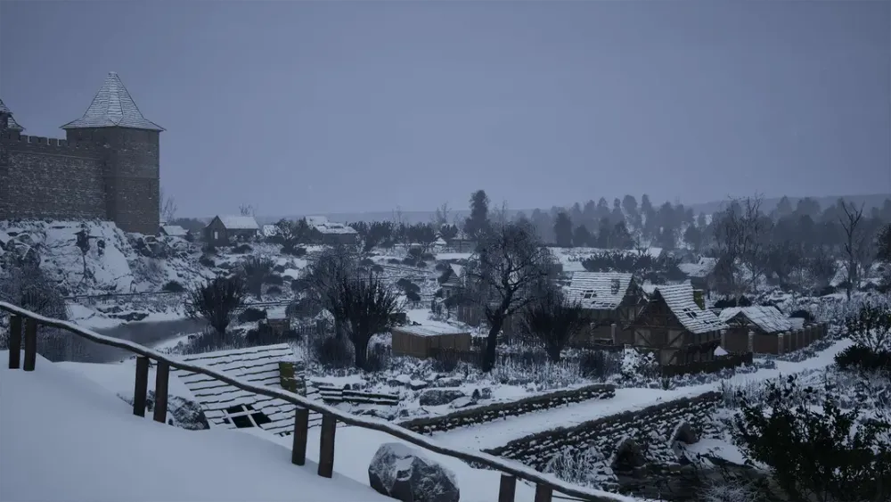 Зимний пейзаж, снежные деревья, здания и замок на фоне серого неба.