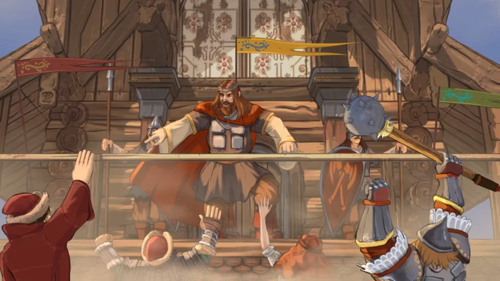 Анимационное изображение с персонажами, находящимися на трибуне и взаимодействующими с другими персонажами. Сцена, вероятно, связана с исторической или фэнтезийной тематикой.