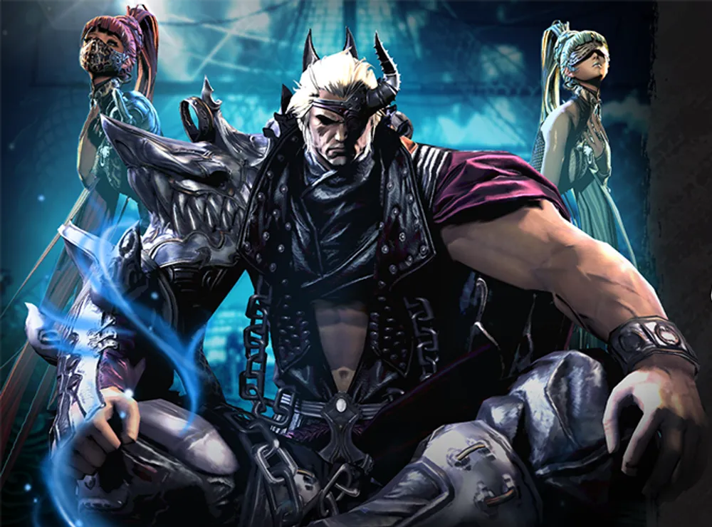 Изображение персонажей в фантастическом стиле, один из них в доспехах, с элементами темной эстетики.