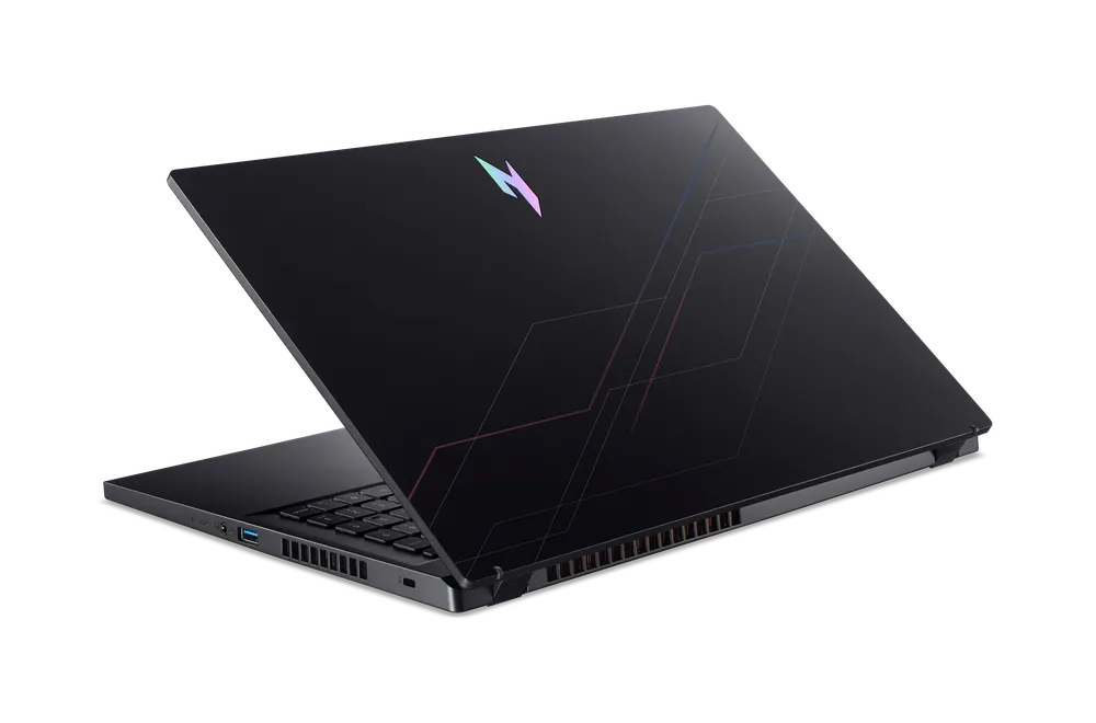 Изображение ноутбука с закрытой крышкой, черный цвет, логотип на поверхности.