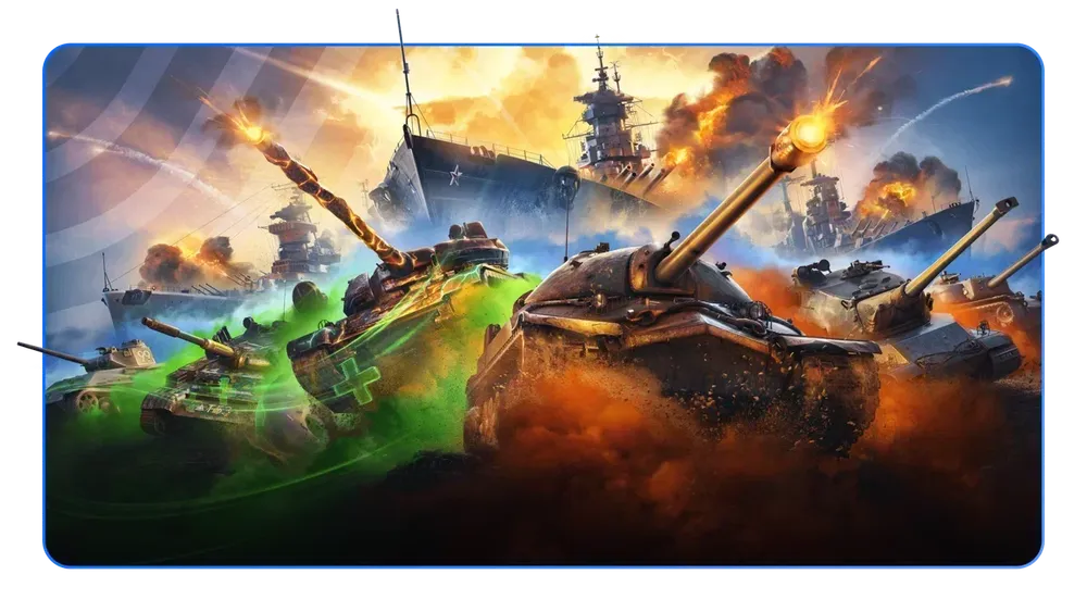 На изображении танки в боевой обстановке, окруженные дымом и огнем.