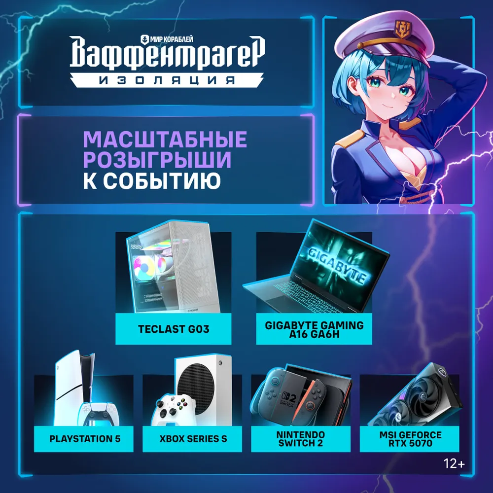 На изображении реклама с призывом участвовать в розыгрышах, представлены игровые консоли и компьютерное оборудование. Изображен анимированный персонаж в форме.
