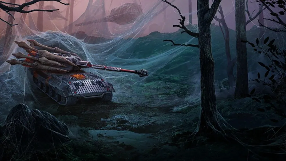 Изображение танка в лесу, окружённого паутиной, в мрачной атмосфере.