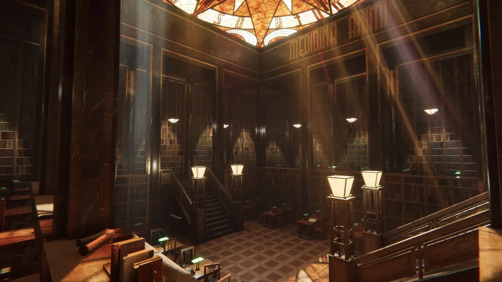 Изображение интерьера библиотеки с архитектурными элементами, освещением и книжными полками.