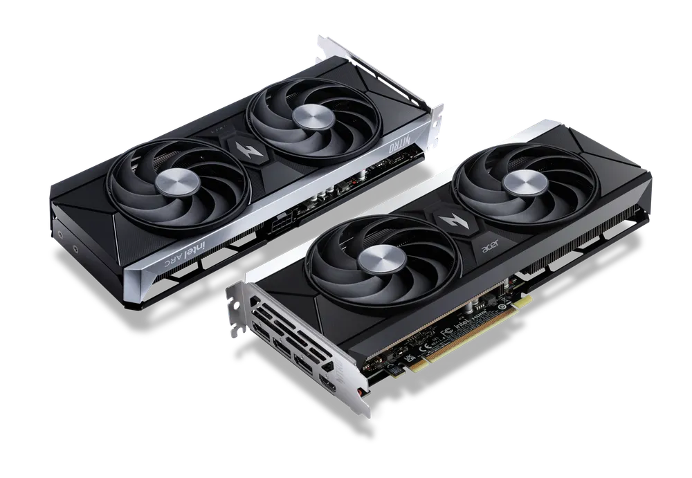 На изображении представлены две видеокарты, расположенные на черном фоне.