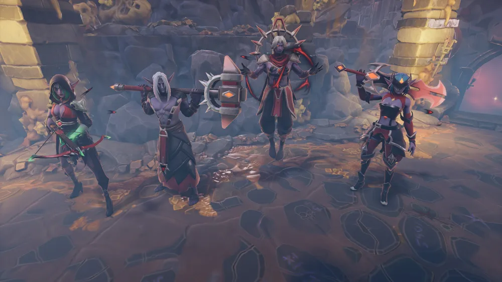 Изображение персонажей из видеоигры, одетых в доспехи и с оружием в руках.