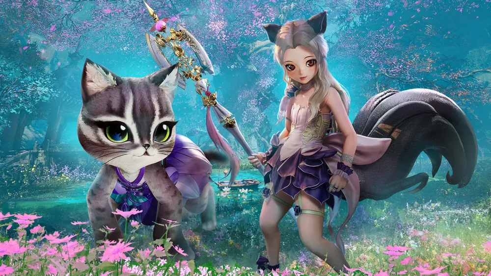 На изображении персонаж с хвостом и ушами, рядом с ним анимированный кот. Фоновый пейзаж с цветами и деревьями.