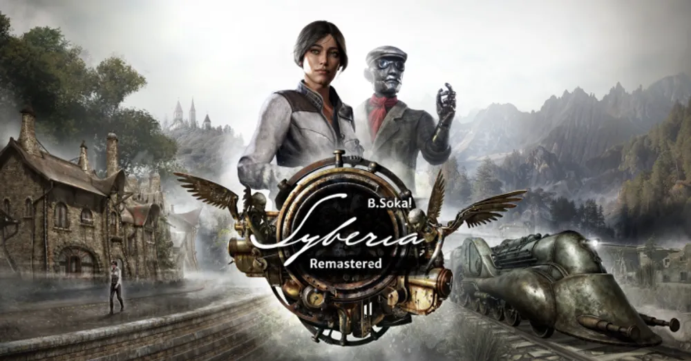 Изображение из видеоигры Syberia Remastered, персонажи на фоне пейзажа, элементы стимпанка.